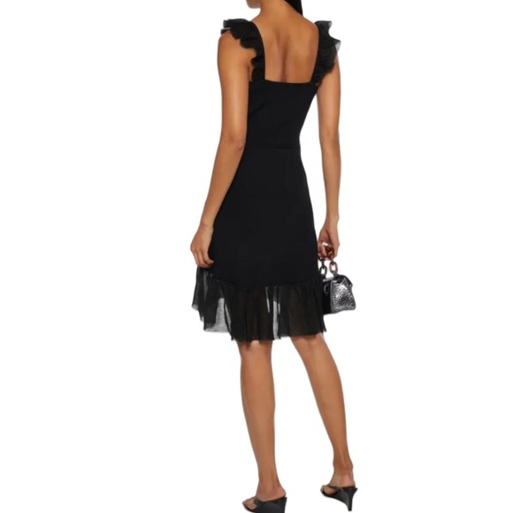 Sandro Laurana Black Ribbed Knit Ruffled Mesh Trimmed Mini Dress US Size 6 EU 38 - Picture 2 of 11
